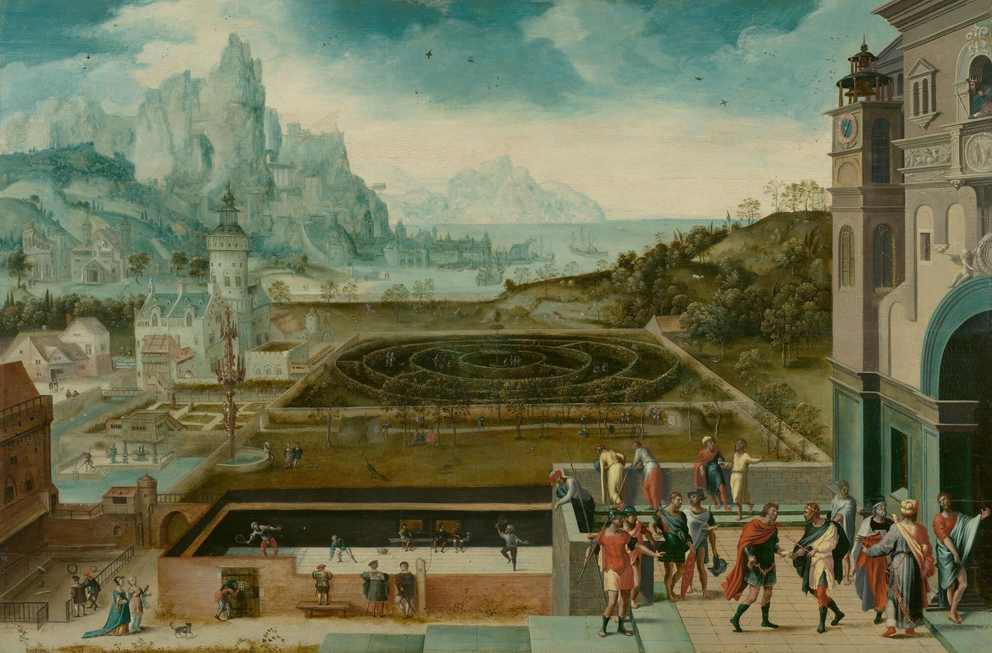 A painting of a palace and its gardens, featuring a hedge maze, a tennis court, and a hunting party. In the foreground, there is a depiction of a group of men in Roman-era clothing.