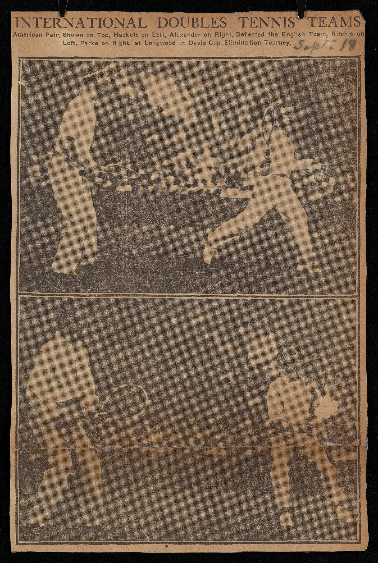 A newspaper clipping covering a tennis match. The clipping includes two photographs of two men playing a game of tennis. They are dressed in white and holding rackets.