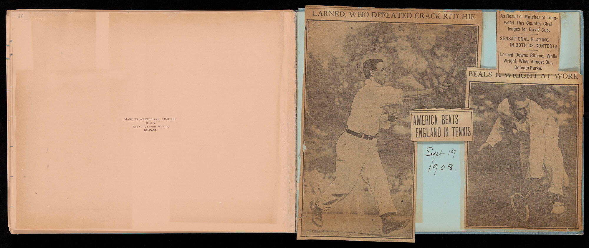 A series of newspaper clippings covering a tennis match. Two photographs are included, both of a single man, dressed in white and holding tennis rackets. 