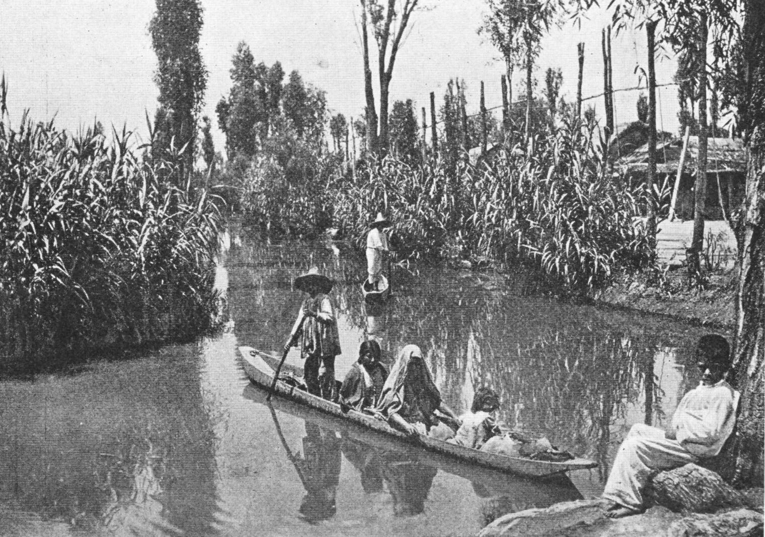 A black and white photograph of farmers in canoes between floating gardens.
