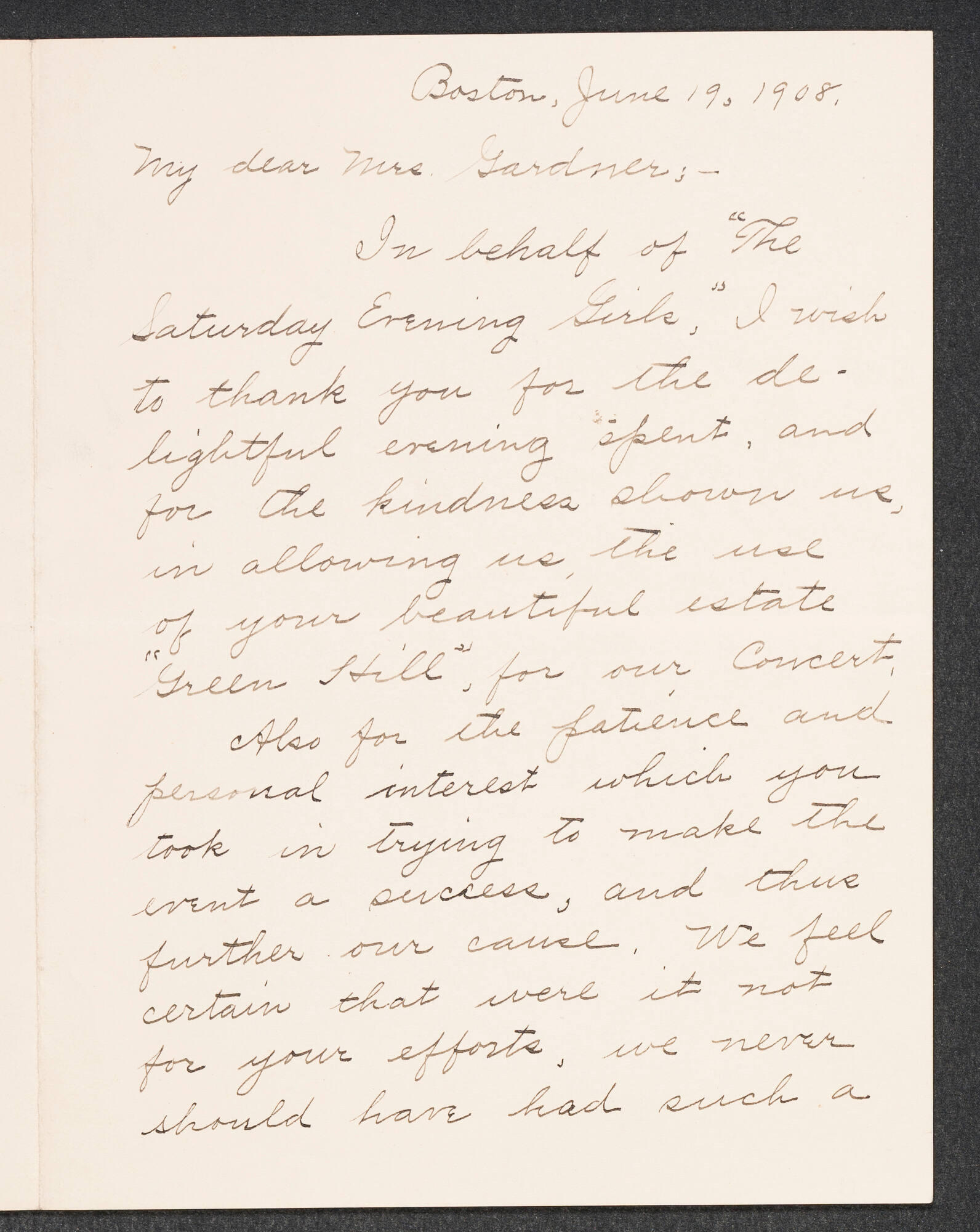 A handwritten letter in black ink starting My dear Mrs. Gardner
