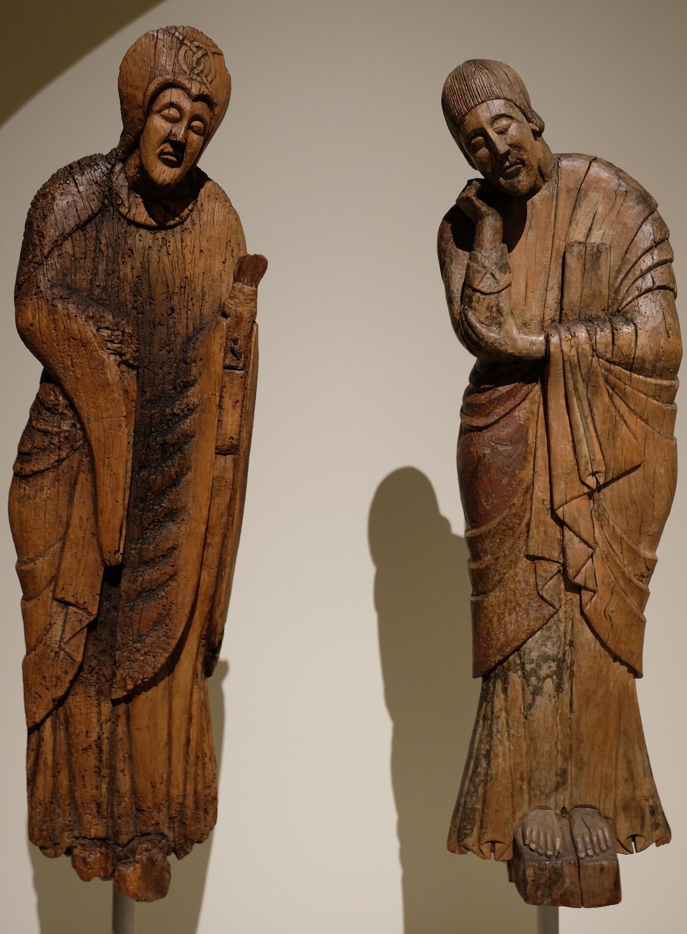  Two wooden sculpted figures Mary and John the Evangelist.