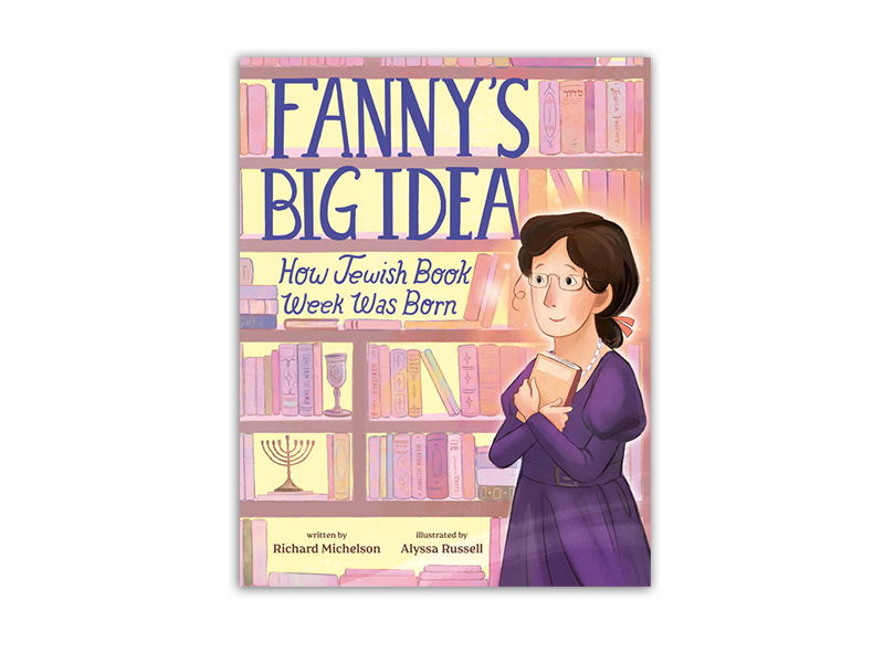 An illustrated book cover of a woman with dark hair wearing a purple dress standing in front of bookcases filled with books and a menorah.