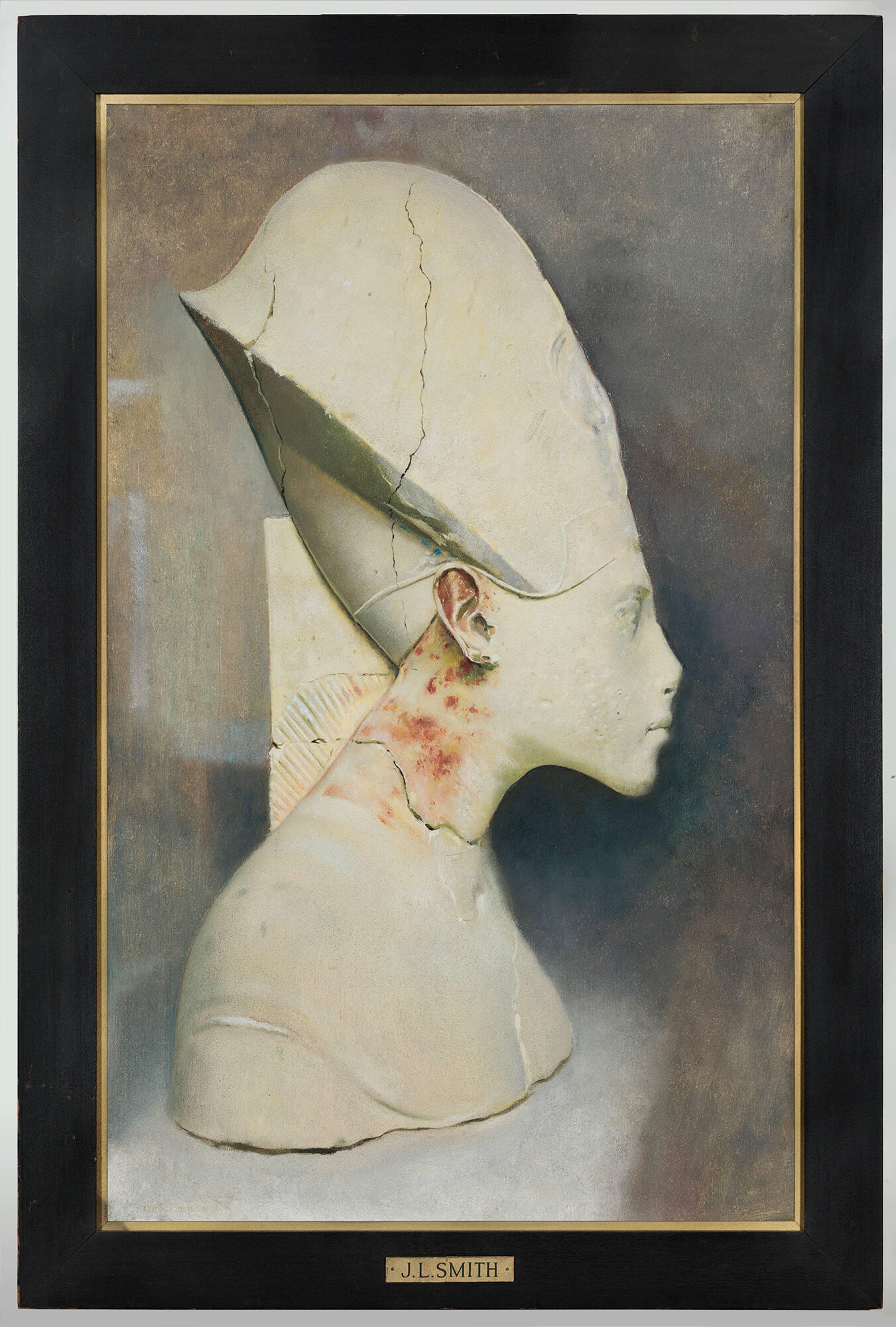 Painting of a carved stone bust of an Egyptian king wearing an elongated headdress. The Bust is tan, in profile, and has red splotches on the neck.