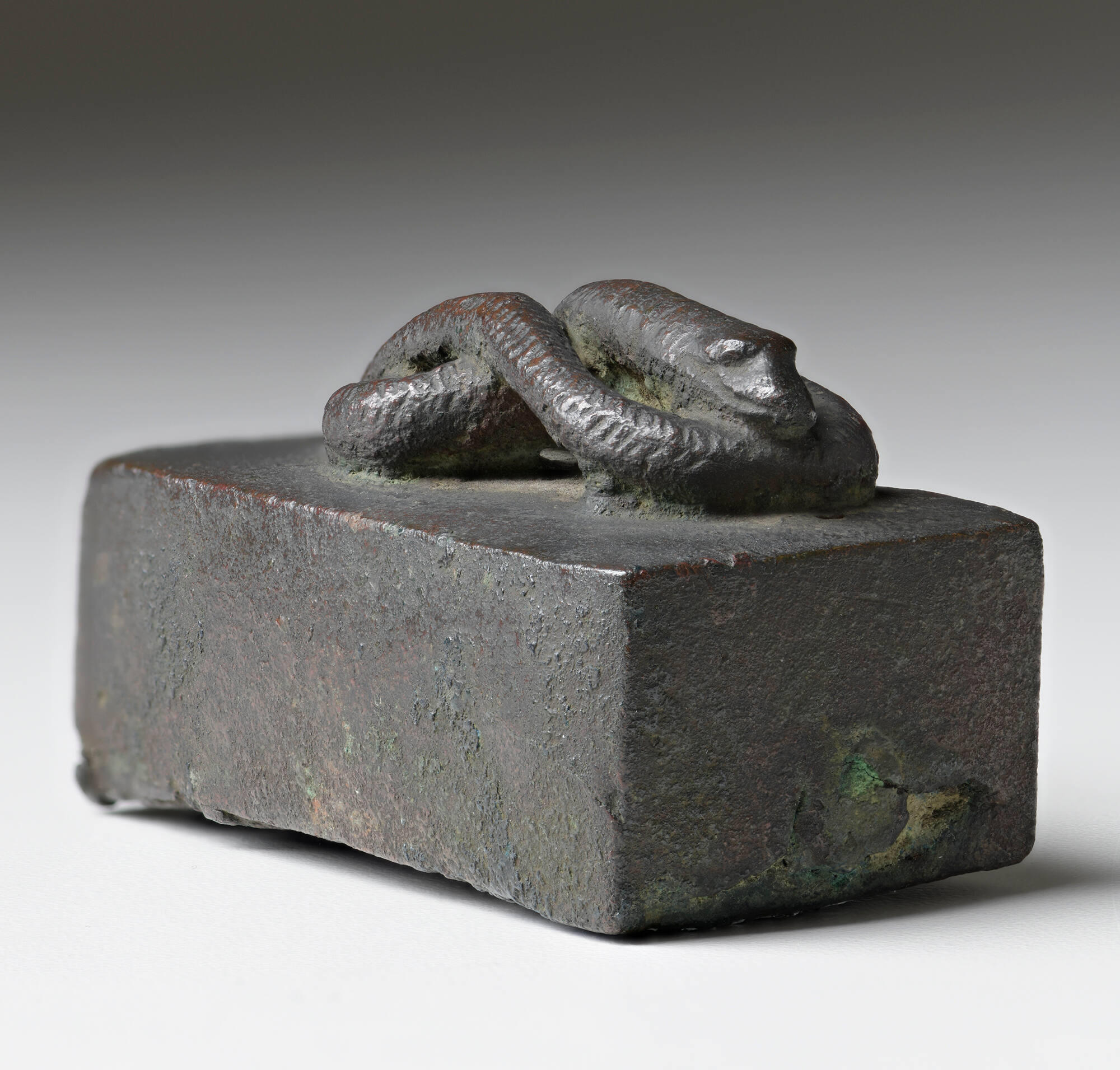 Small bronze box with the form of a coiled snake on top, angled to show short side with an opening near the base