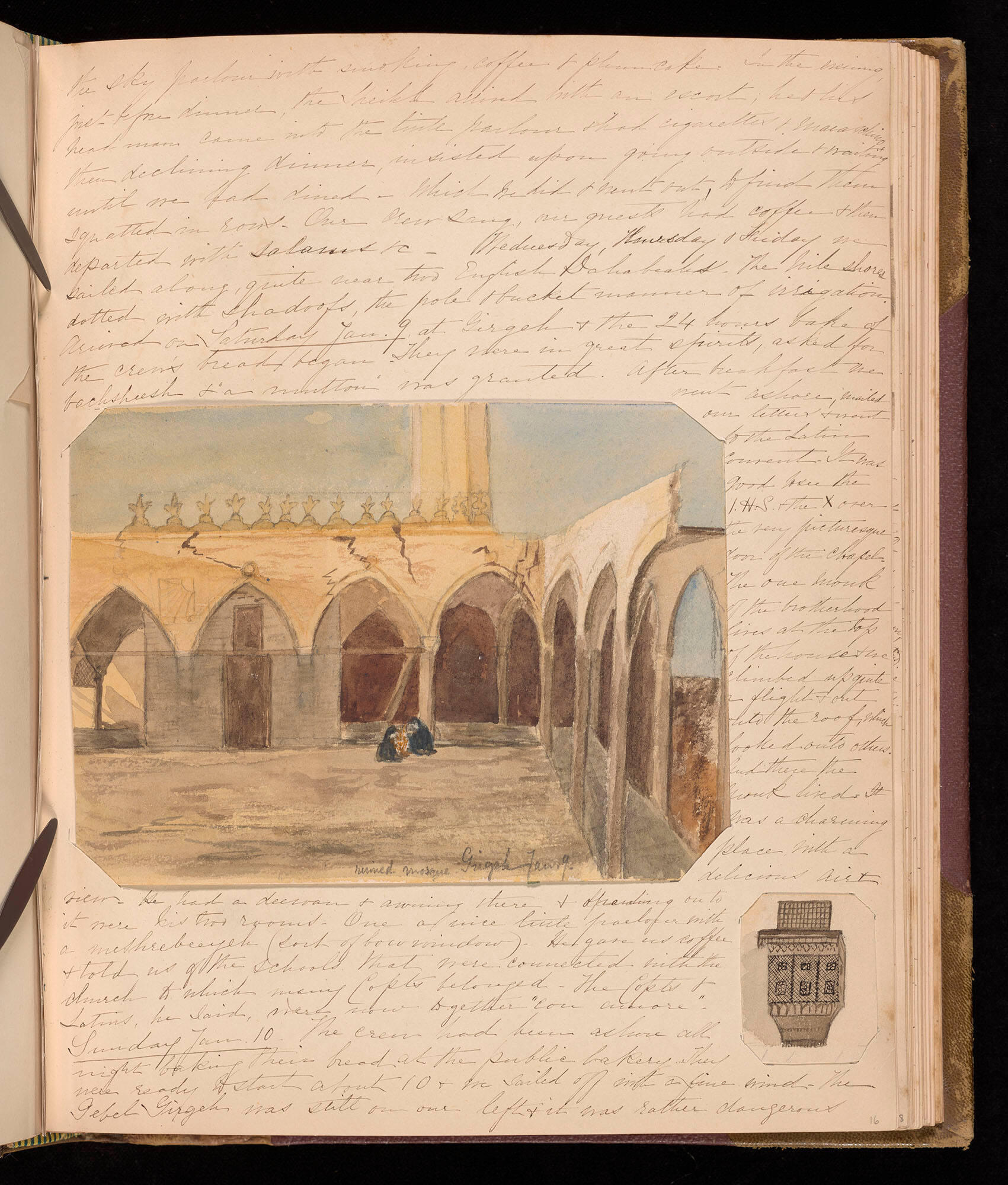 Page from an album with handwritten text and watercolor and pen sketches of architecture. 