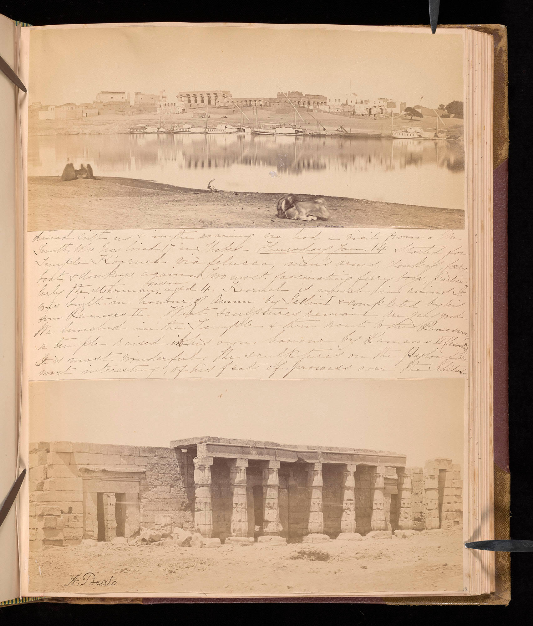 Page from an album with handwritten text and two photographs, one of a river with figures and architecture, the other a building with columns.