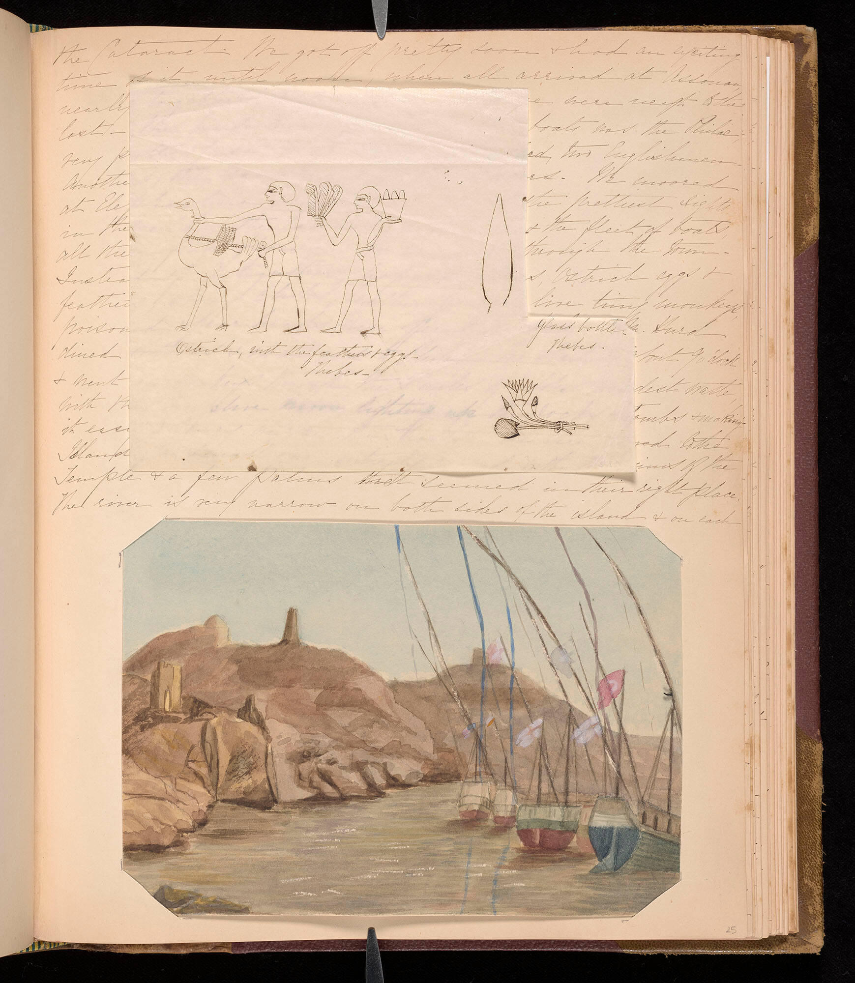 Page from an album with handwritten text, a watercolor sketch of a river scene with boats, and an ink sketch of ancient Egyptian drawings.