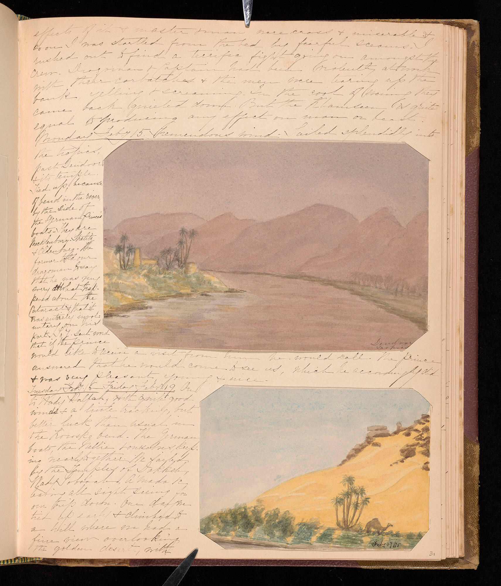 Page from an album with handwritten text and two watercolor sketches of a river.