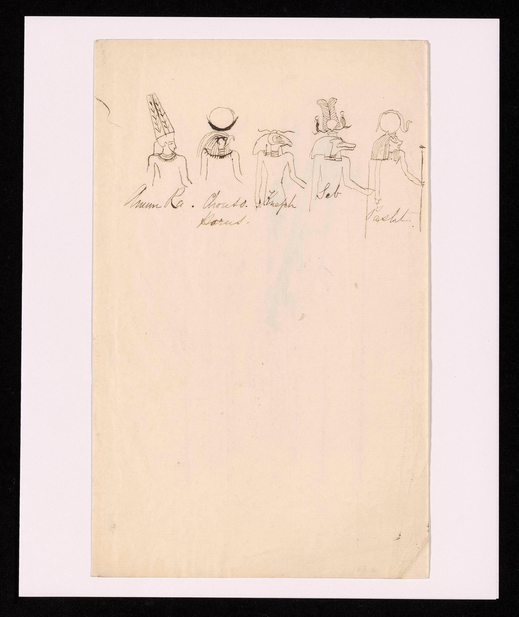 Ink on paper drawing of five Egyptian deities (one with the form of a human, the other four with animal heads and human bodies) with names written below.