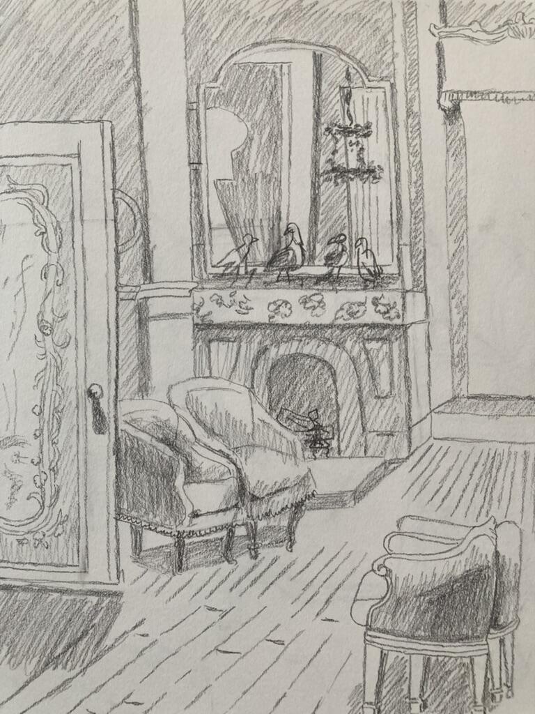 A pencil drawing of a room with an open paneled-door, a large mirror above a fireplace, and empty chairs.