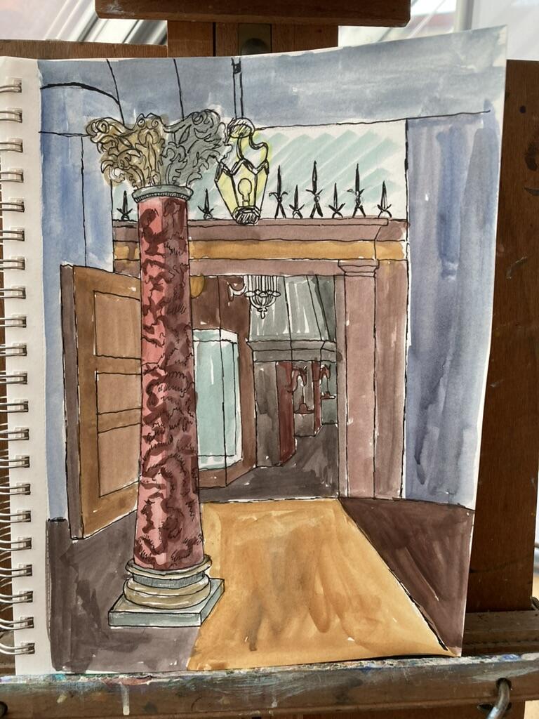 A watercolor of a doorway from a hallway with a large red marbled column into a room with a hooded fireplace. There are no figures.