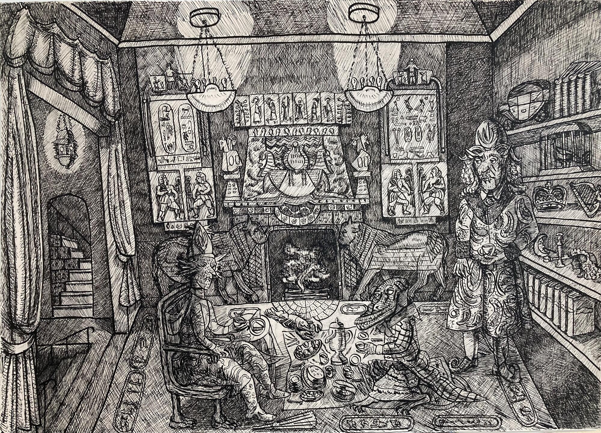 A black and white ink drawing of a furnished interior with three figures around food and drink in front of a fireplace.