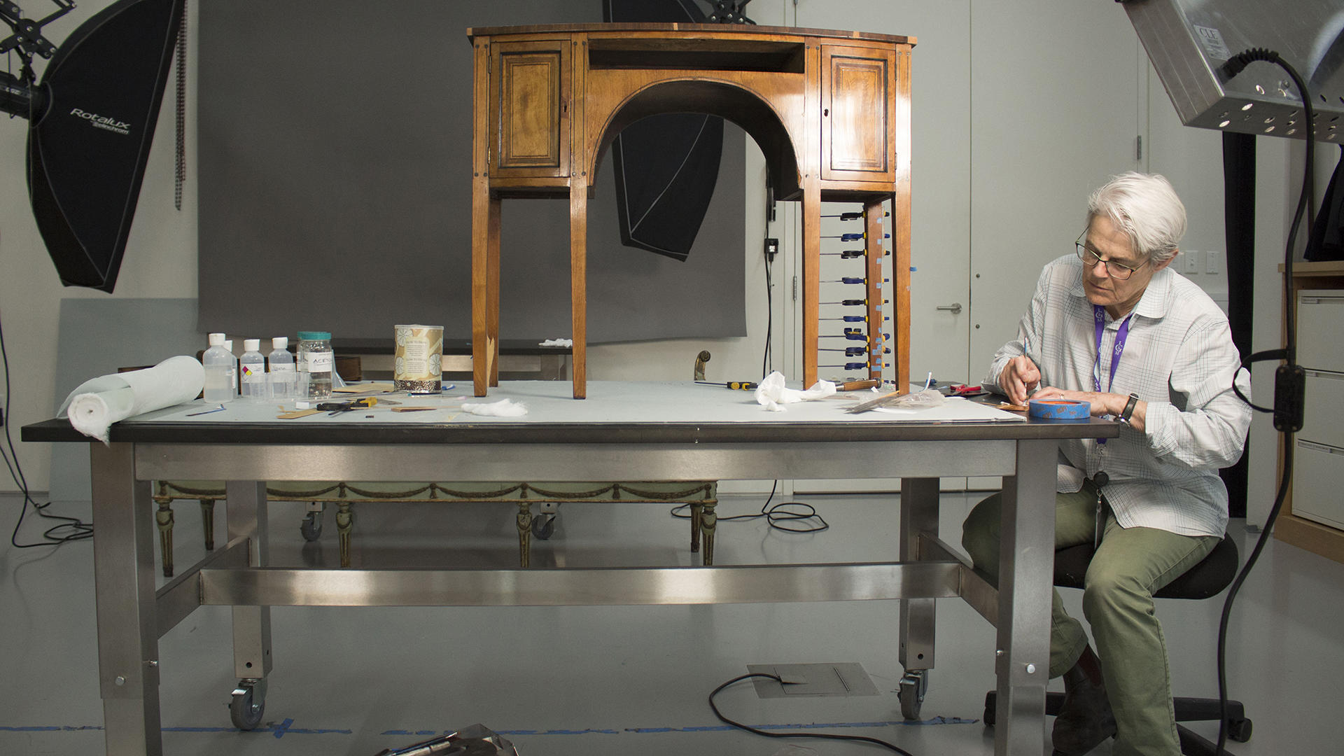 Desk being worked on in the Isabella Stewart Gardner Museum conservation labs