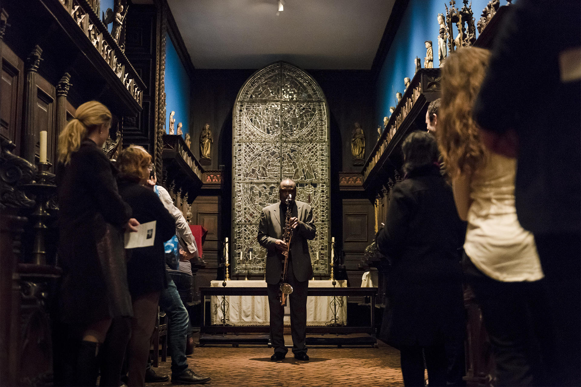 James Carter bass clarinet musician's pop up performance in the third floor galleries, curated by George Steel.