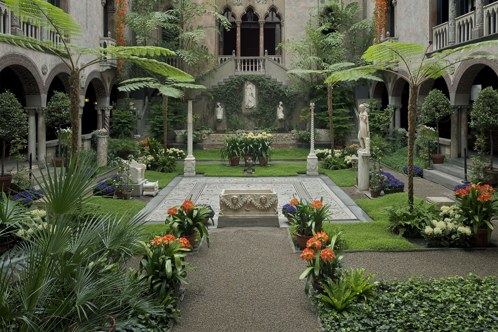 Spring Blooms courtyard display at the Isabella Stewart Gardner Museum.