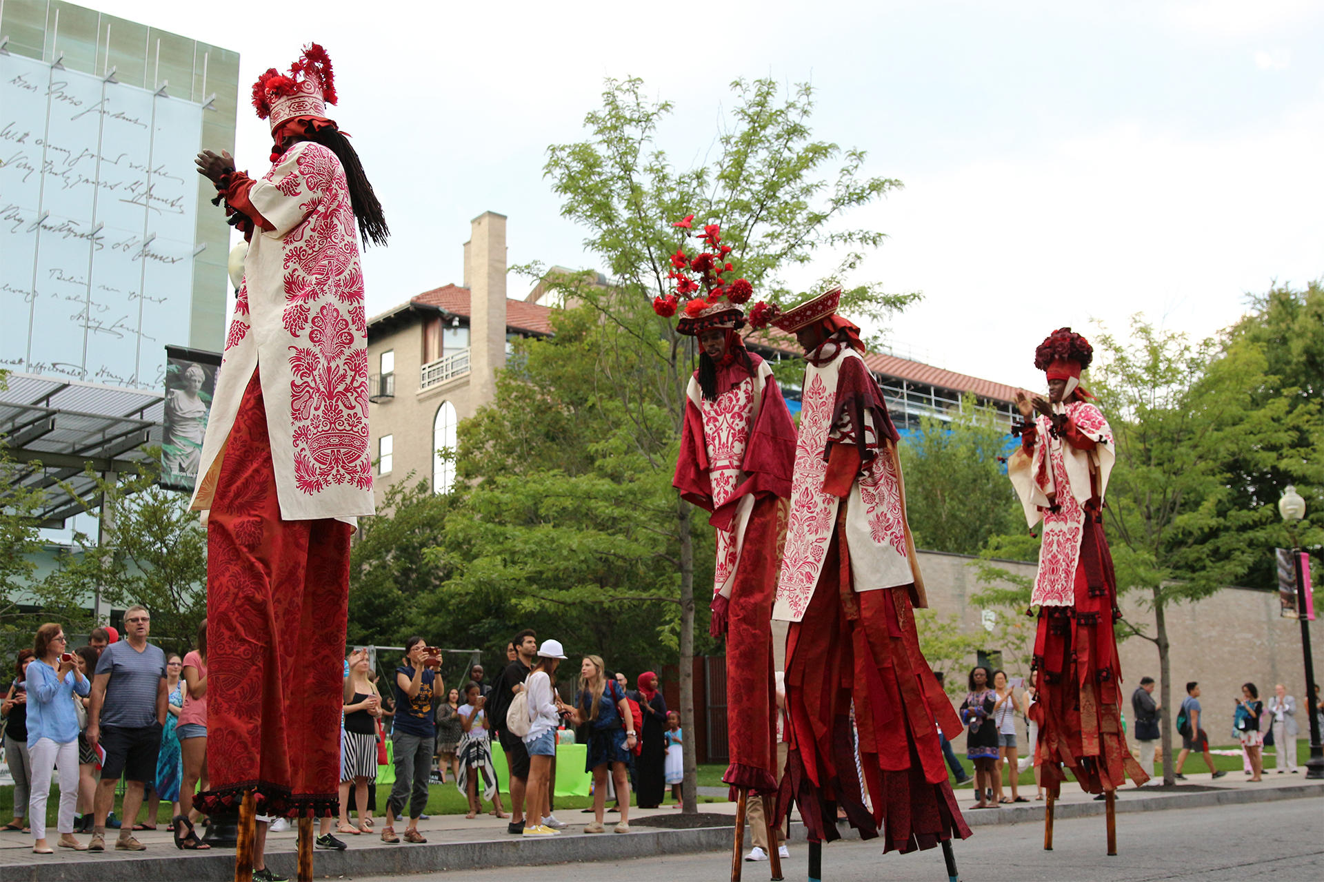 Brooklyn Jumbies wearing costumes designed by Laura Anderson Barbata during Neighborhood Nights: Block Party in summer 2017