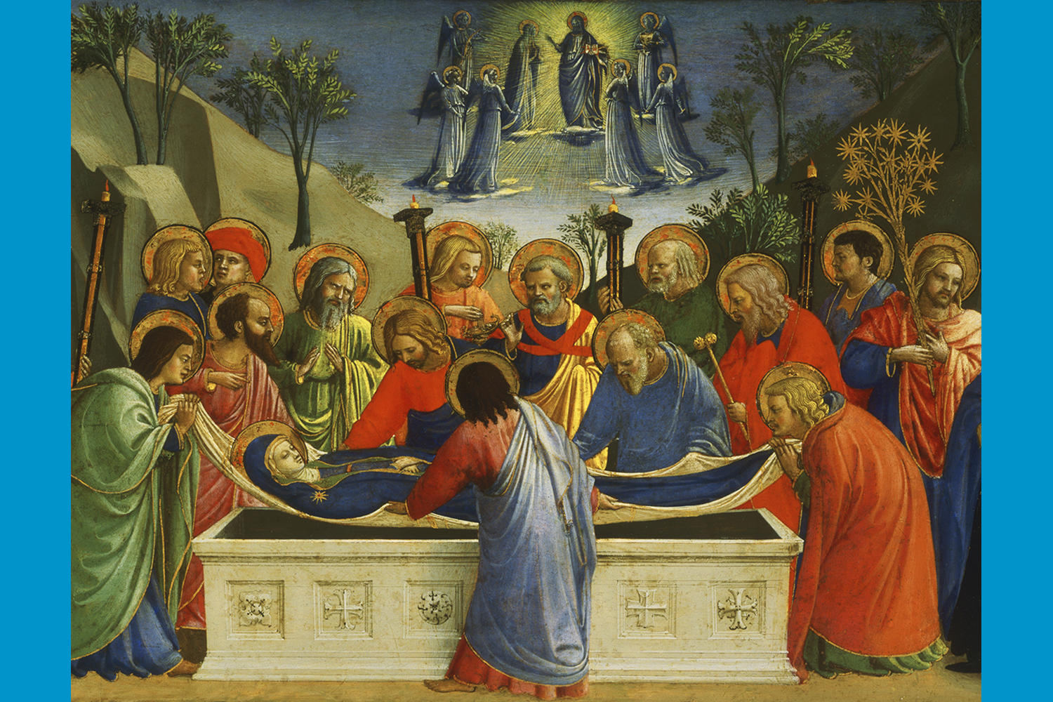 Fra Angelico (Italian, about 1400 - 1455), The Dormition of the Virgin, about 1425. Tempera, silver and tooled gold on panel, 26.2 x 52.2 cm (10 5/16 x 20 9/16 in.) Philadelphia Museum of Art. Photo: Philadelphia Museum of Art / Art Resource, NY