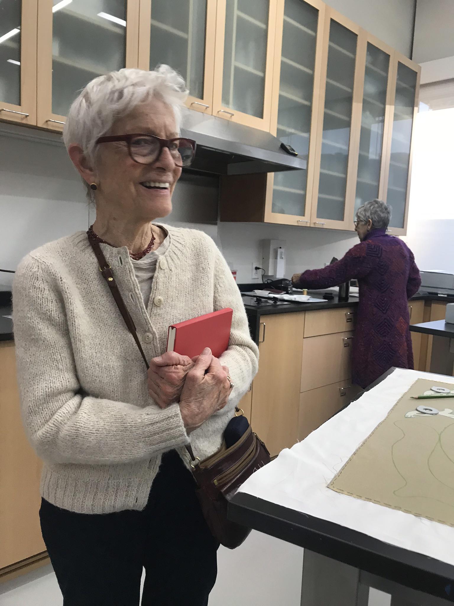 Joan Jonas visiting the Conservation Lab, 2017.