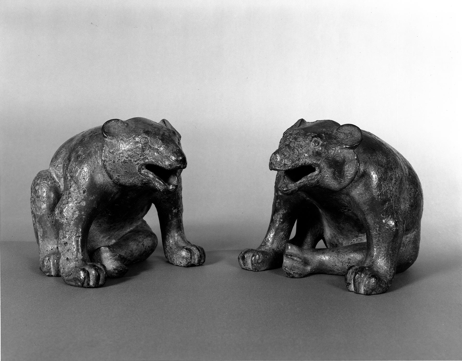 Chinese, Western Han dynasty, Mat Weights: Bears, about 206 BC - AD 9. Bronze with traces of gilding, height: 15.5 cm (6 1/8 in.) Isabella Stewart Gardner Museum, Boston (S15w15.1-2).