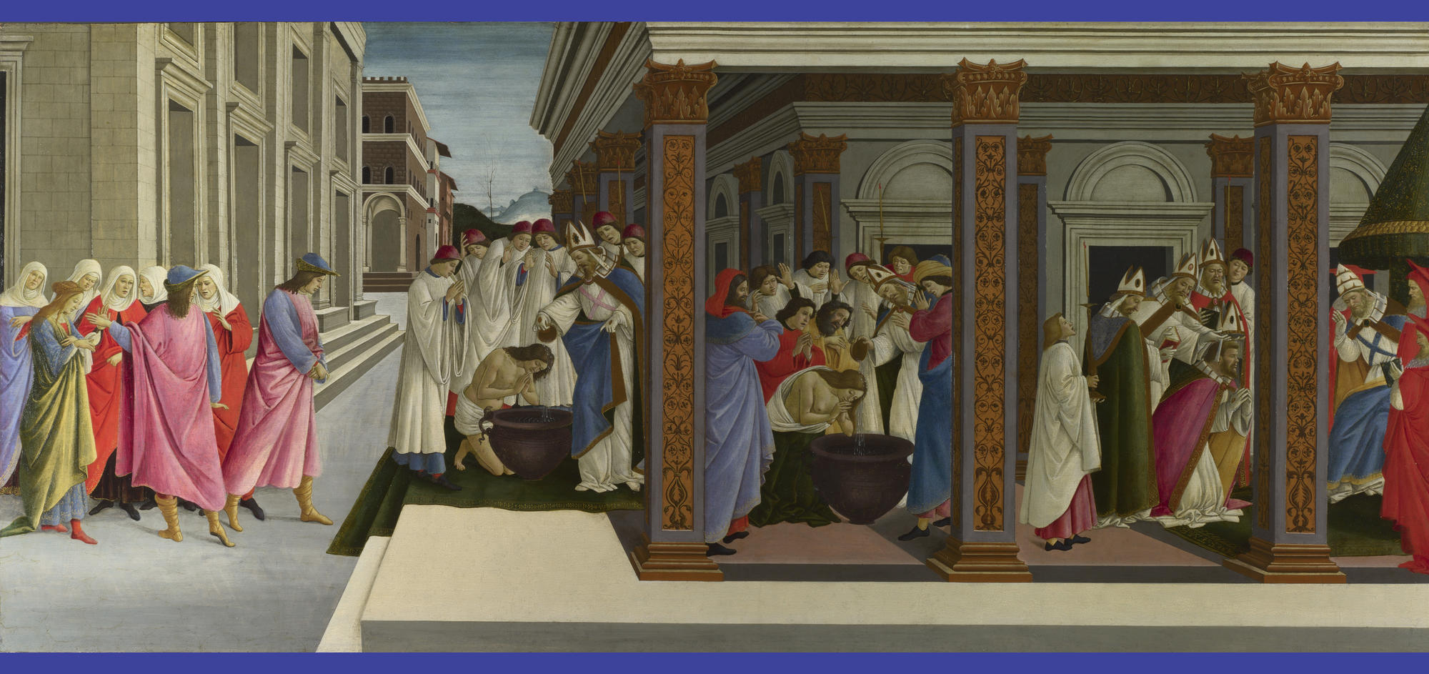 Sandro Botticelli (Italian, 1444 or 1445-1510),  Four Scenes from the Early Life of Zenobius, about 1500. Tempera on panel, 66.7 x 149.2 cm (26 1/4 x 58 3/4 in.) National Gallery, London. Œ© National Gallery, London / Art Resource, NY