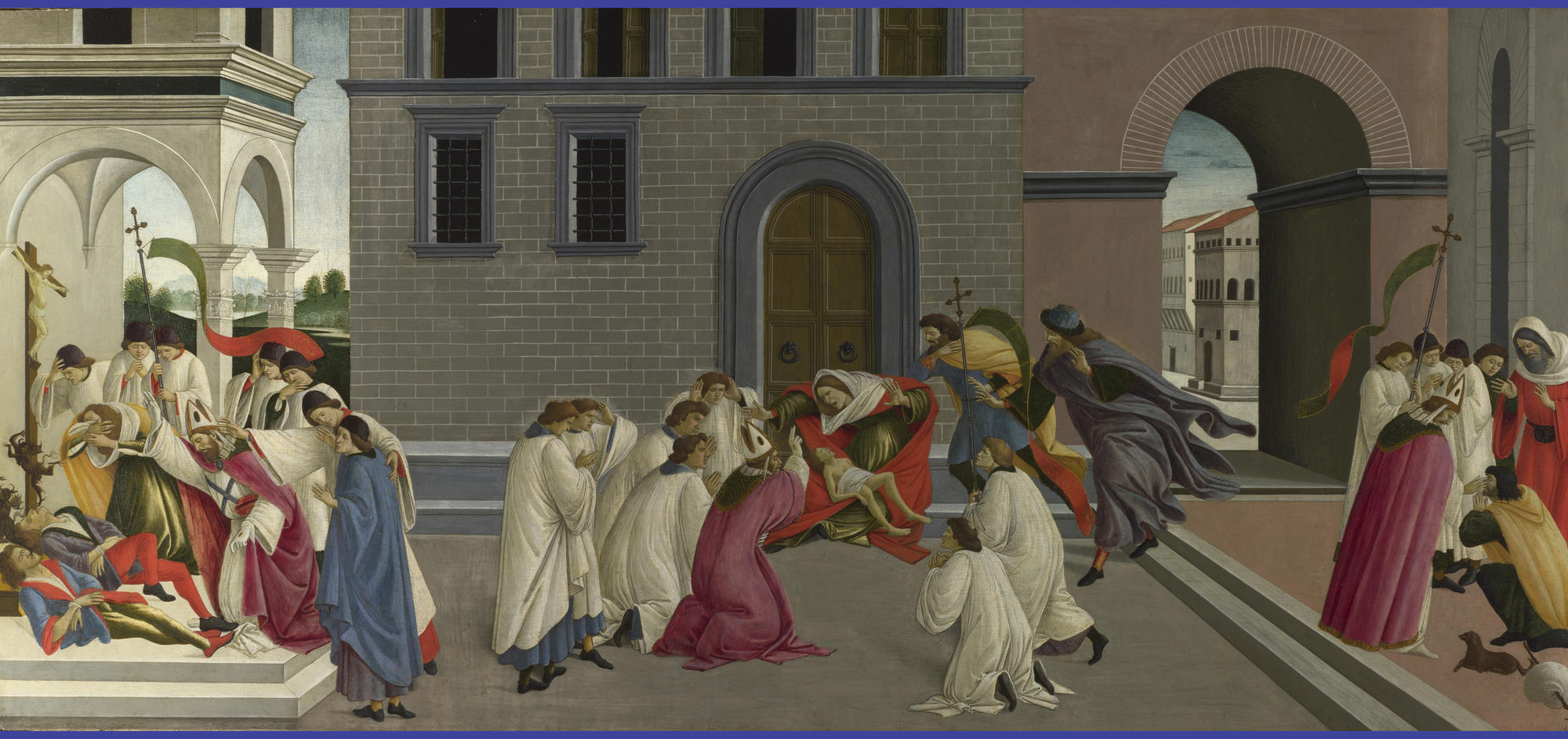 Sandro Botticelli (Italian, 1444 or 1445-1510), Three Miracles of Zenobius, about 1500. Tempera on panel, 64.8 x 139.7 cm (25 1/2 x 55 in.) National Gallery, London. © National Gallery, London / Art Resource, NY