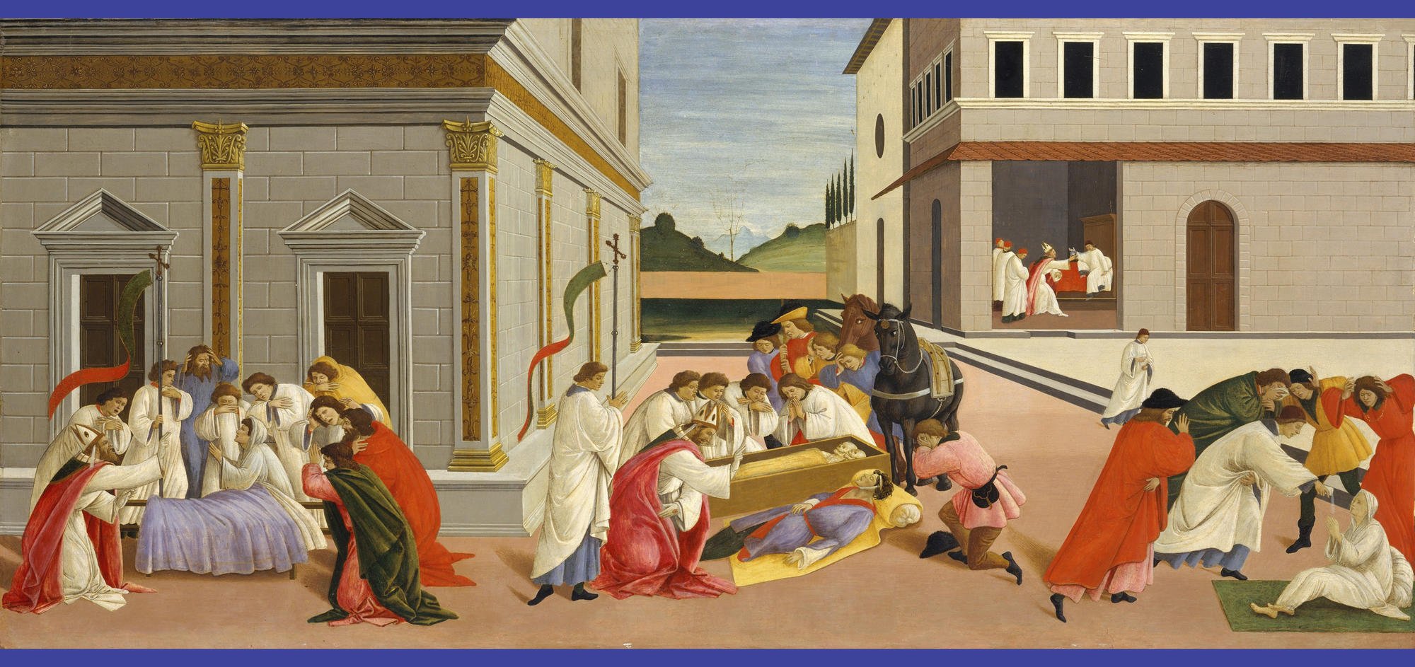 Sandro Botticelli (Italian, 1444 or 1445-1510), Three Miracles of Zenobius, about 1500. Tempera on panel, 67.3 x 150.5 cm (26 1/2 x 59 1/4 in.). Metropolitan Museum of Art, New York