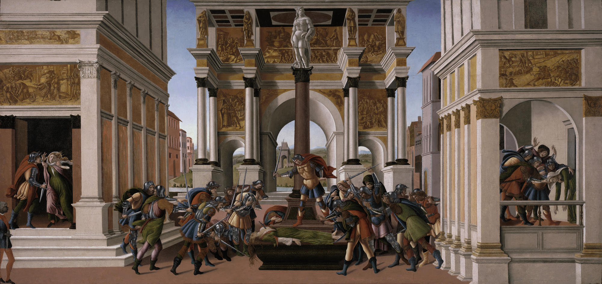 Sandro Botticelli (Italian, 1444 or 1445-1510), The Tragedy of Lucretia, 1499-1500. Tempera and oil on panel, 83.8 x 176.8 cm (33 x 69 5/8 in.) Isabella Stewart Gardner Museum, Boston 