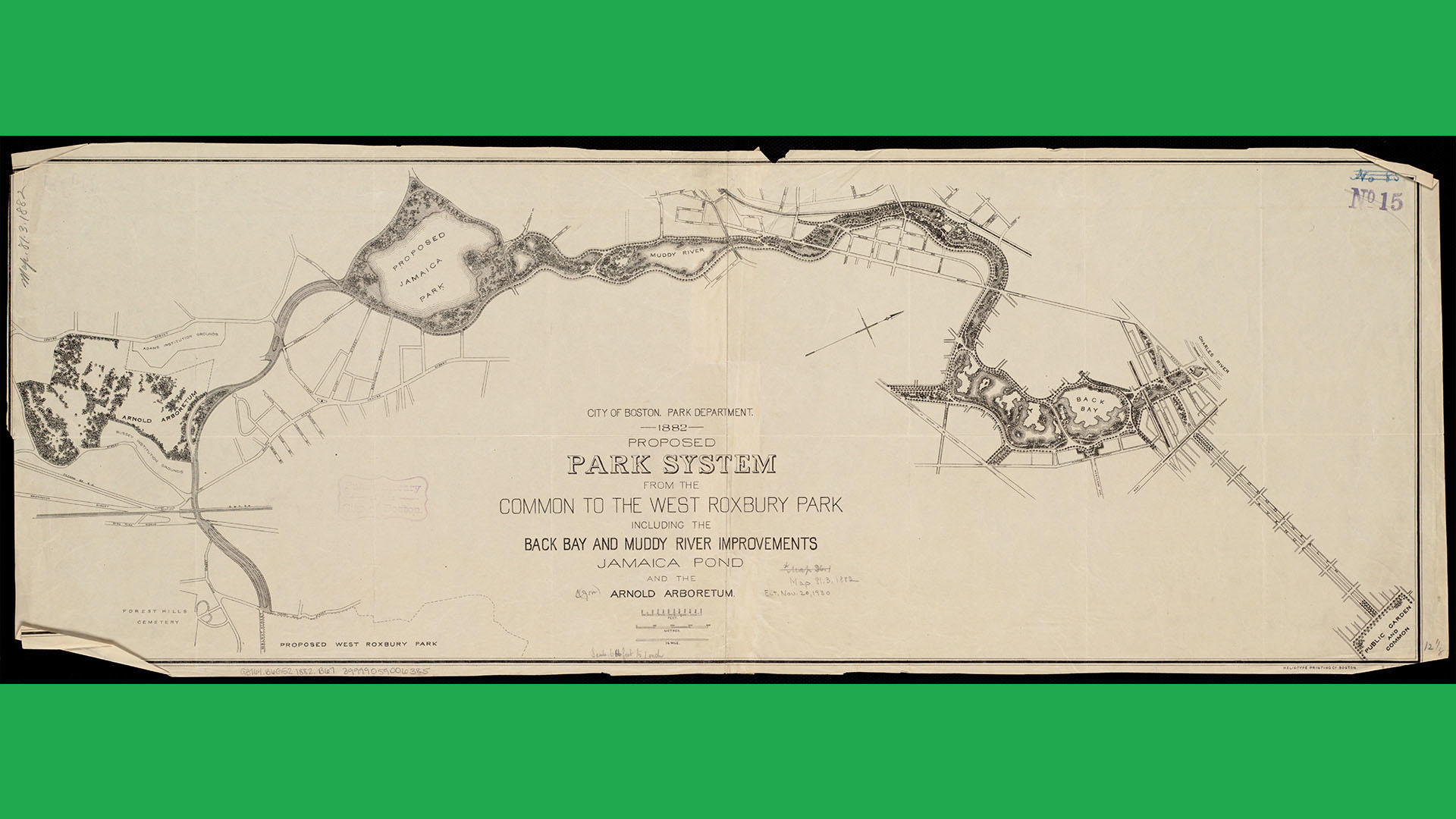 Proposed park system from the Common to the West Roxbury Park, 1882