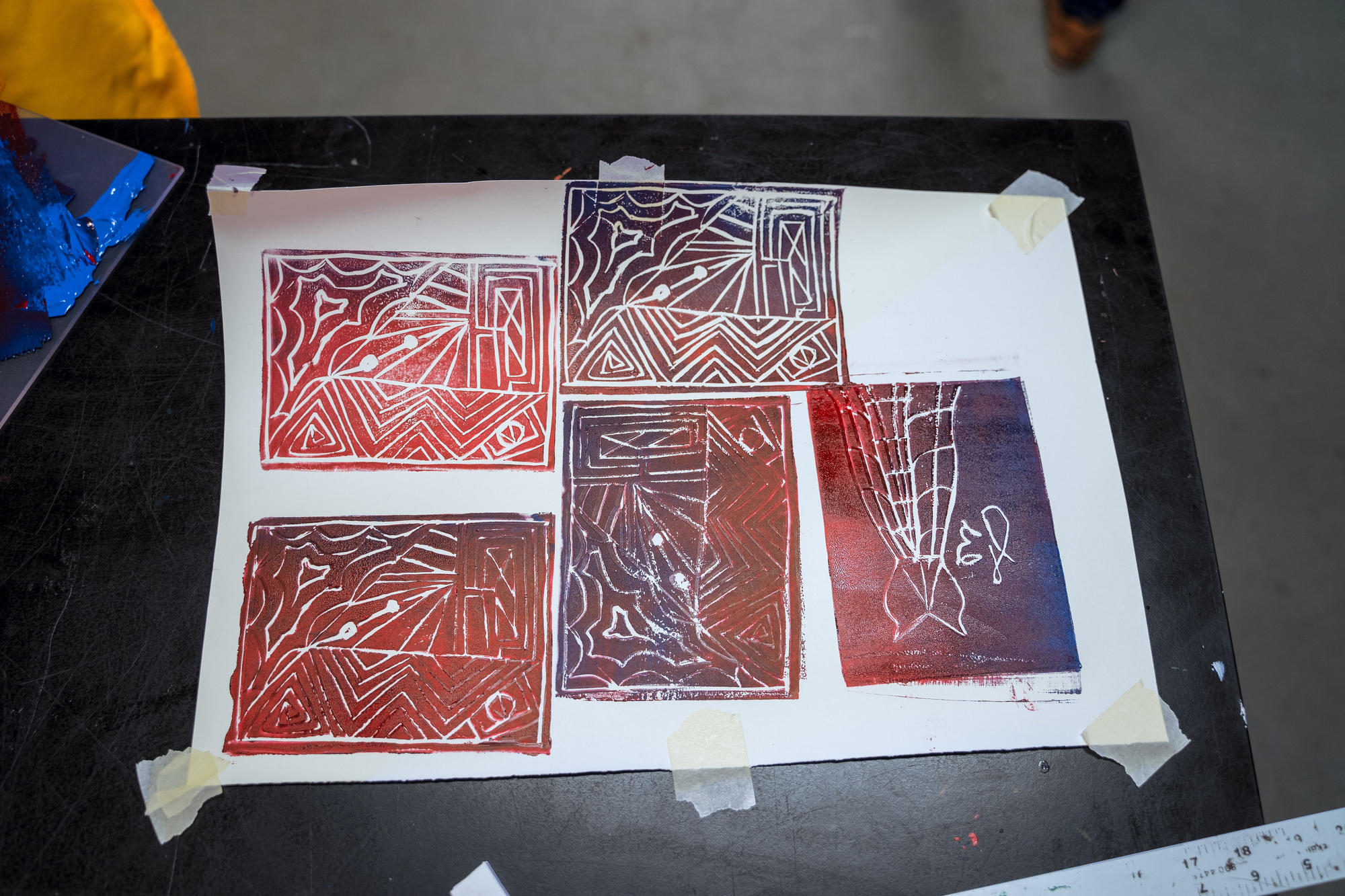 Some finished linoleum tiles, ready for print-making. Photo by Faizal Westcott, June 2019.