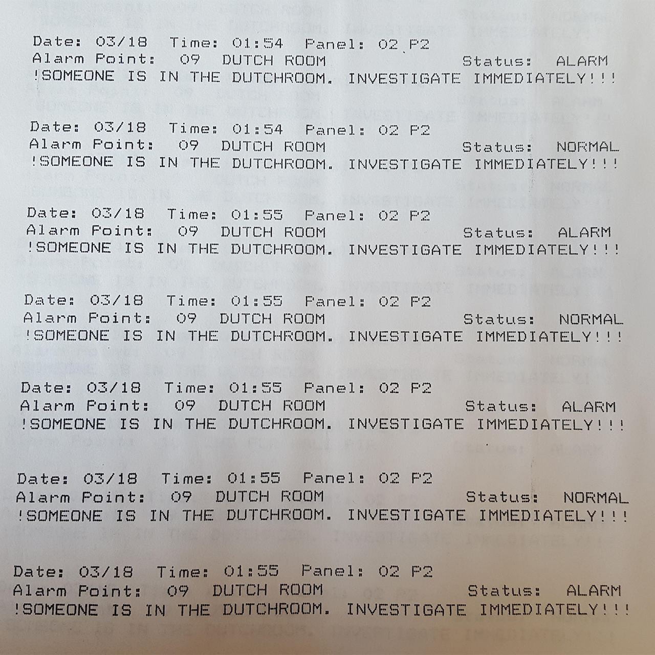 List of motion alarms night of the theft
