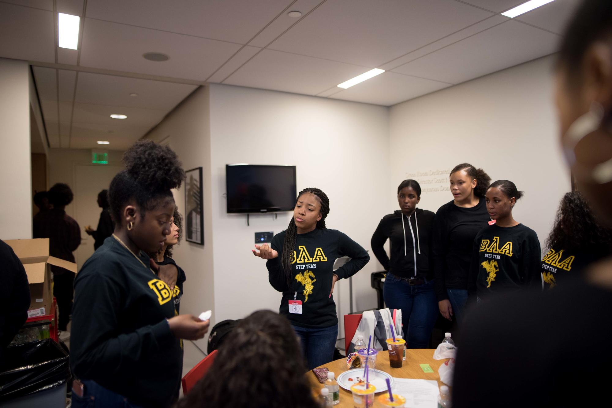 Boston Latin Academy Step and Stroll team prepares for the June 2017 Teen Takeover in the Museum's Green Room. Photo by Faizal Westcott.