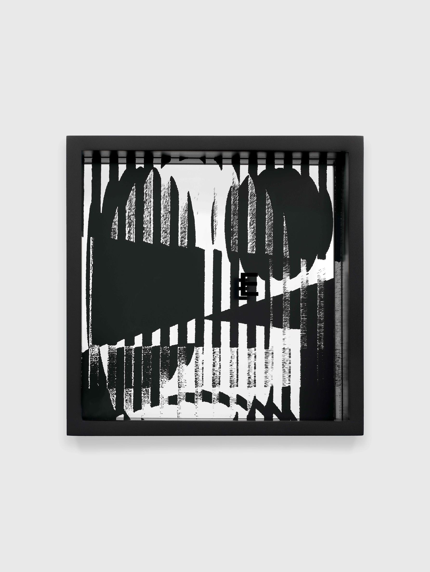 Adam Pendleton, System of Display, E (HERE/Yaacov Agam, Contrastes, 1957), 2018–19. Silkscreen ink on plexiglass and mirror, 9 13/16 × 9 13/16 × 3 1/8 in (24.92 × 24.92 × 7.94 cm).