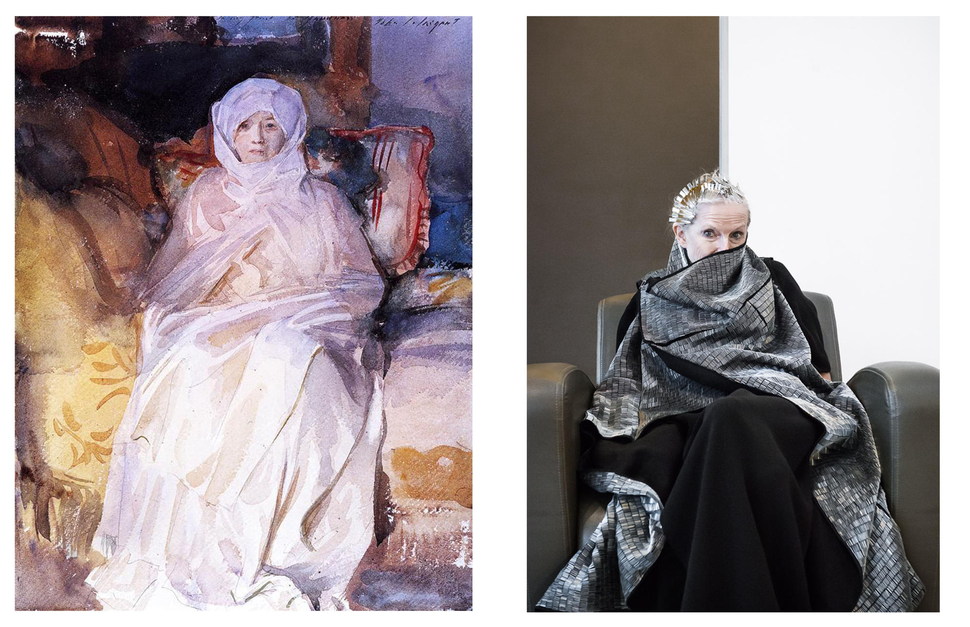 Photo Panel: Isabella Stewart Gardner by John Singer Sargent, 1922 / Jennifer Varekamp by Mike Zaia, 2017. Garment by Christian Restrepo, 2017.