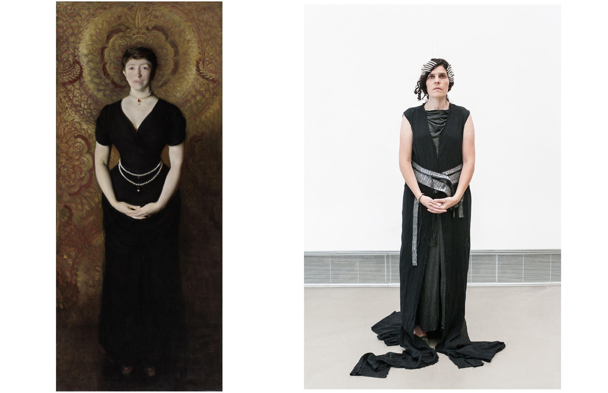Photo Panel: Isabella Stewart Gardner by John Singer Sargent, 1888 / Dyan McClimon Miller by Mike Zaia, 2017. Garment by Christian Restrepo, 2017.