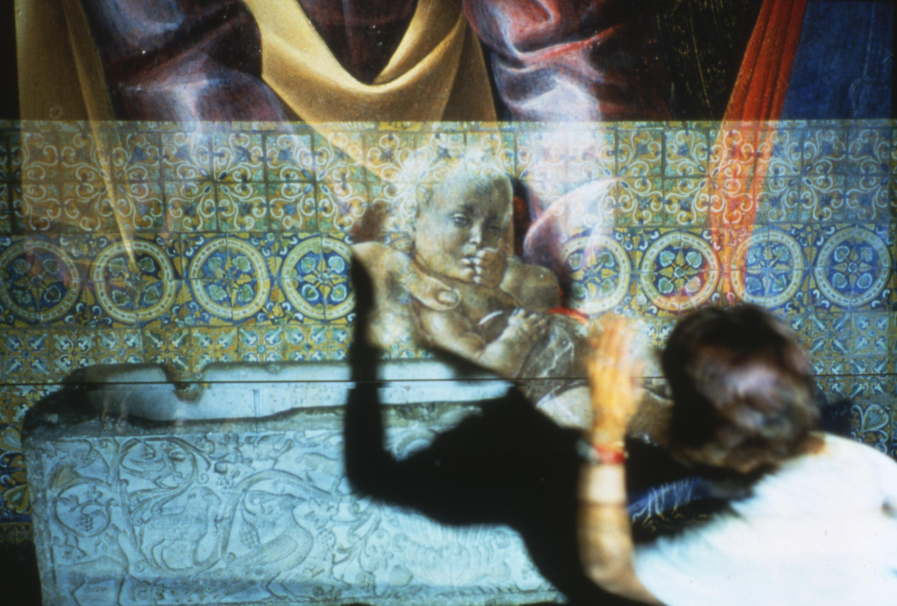 Dorit Cypis working with projections and shadows in the Spanish Cloister, 1993.