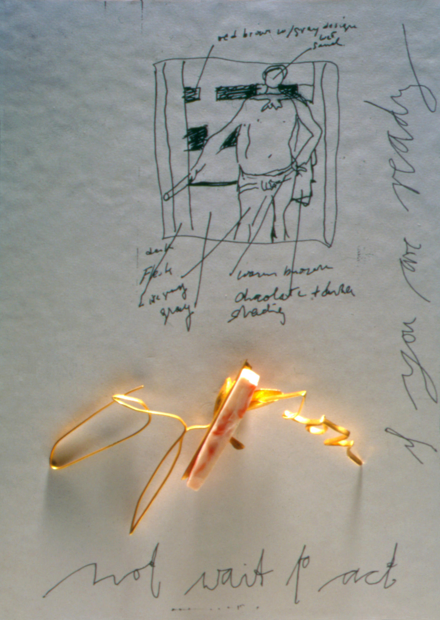 Manfred Bischoff, Or-Son, 2002 Brooch, fine gold and coral, 3 ¼ x 4 x 1 in., displayed on a painting on paper created by Bischoff for his Gardner exhibition. © Manfred Bischoff, Aurelio Amendola, Isabella Stewart Gardner Museum