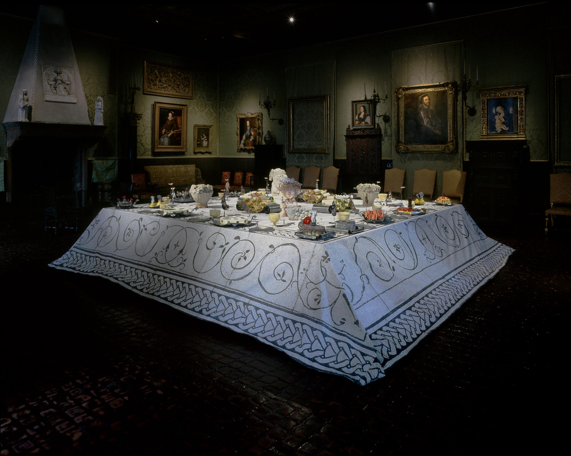 Michele Iodice, ichele Iodice, A Pagan Feast,  site-specific work for the Dutch Room, paper, lead, Roman marble, silk screen printing on fabric. 6 x 6 m.  November 22, 2005 – January 8, 2006, Isabella Stewart Gardner Museum, Boston. Image by Clements/Howcroft Photography.