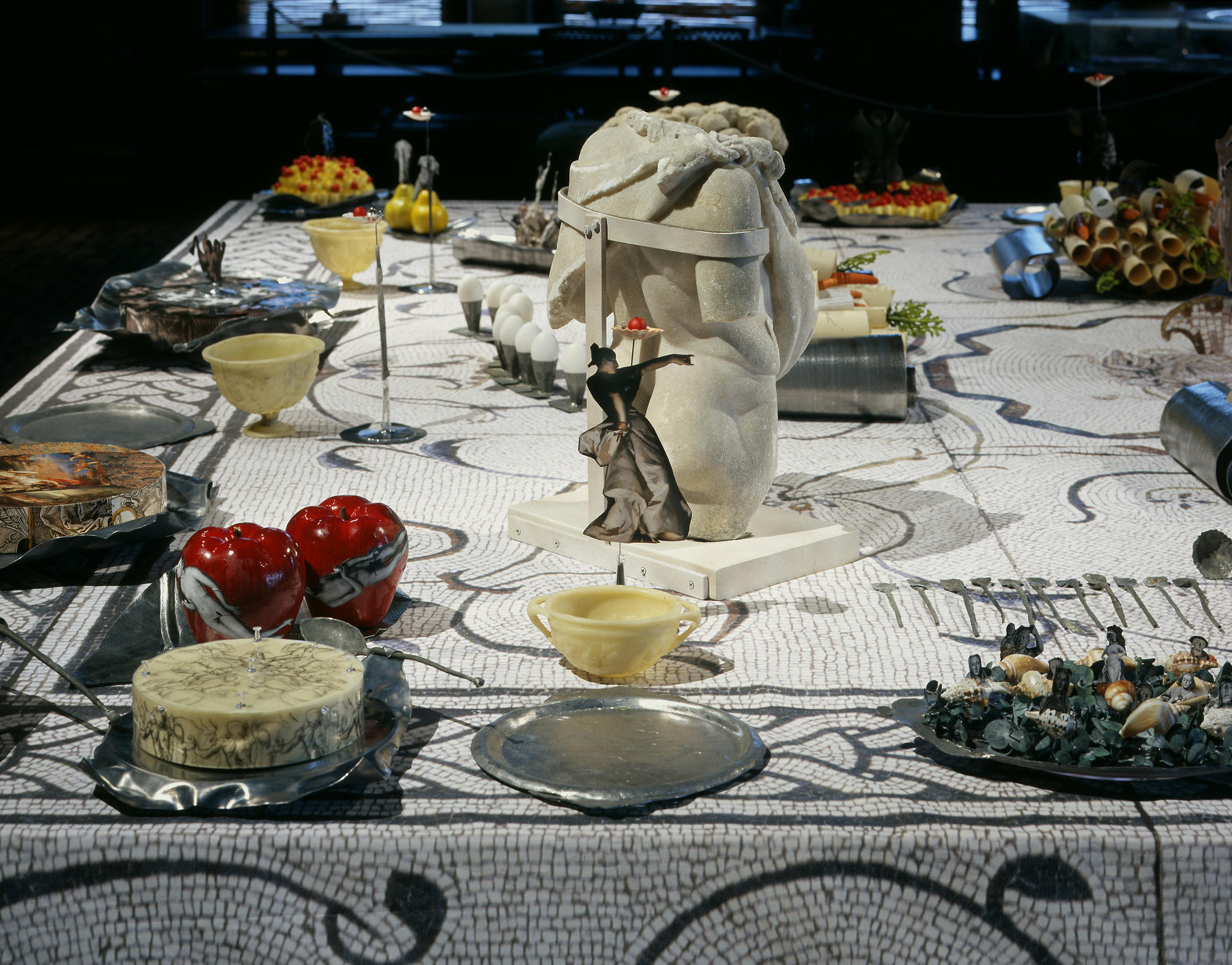 Michele Iodice, ichele Iodice, A Pagan Feast,  site-specific work for the Dutch Room, paper, lead, Roman marble, silk screen printing on fabric. 6 x 6 m.  November 22, 2005 – January 8, 2006, Isabella Stewart Gardner Museum, Boston. Image by Clements/Howcroft Photography.