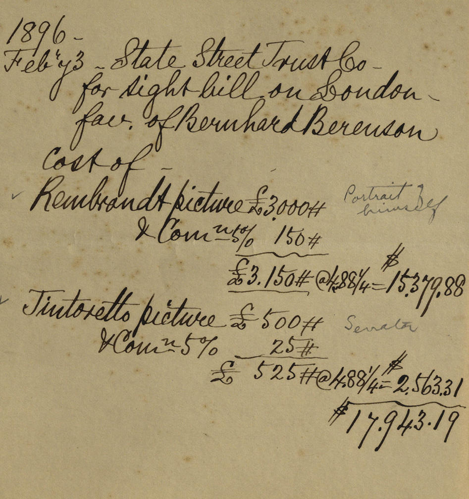 John L. Gardner, Jr., Note on purchases from Bernard Berenson, 1896.