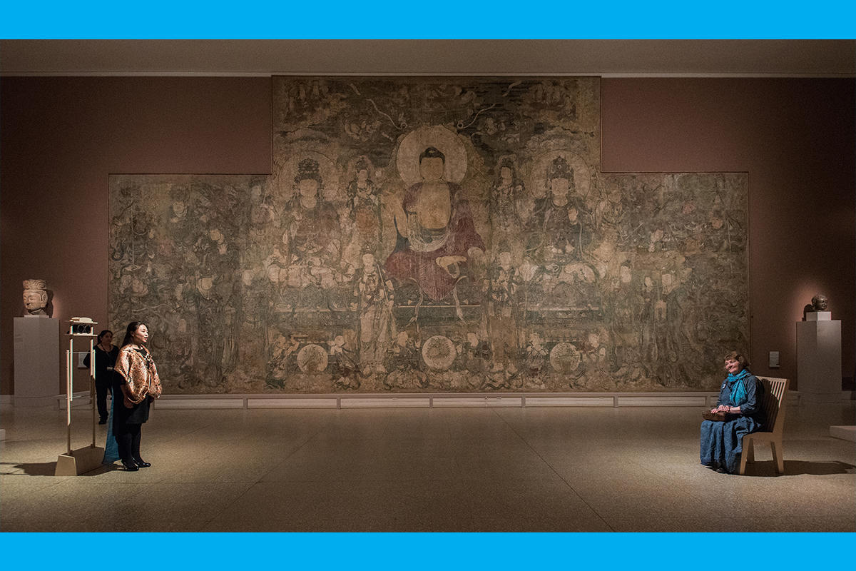 Sonic Blossom, 2013/2015, Ongoing participatory performance installation with chair, music stand, costume, and spontaneous song, installation view at The Metropolitan Museum of Art, 2015.