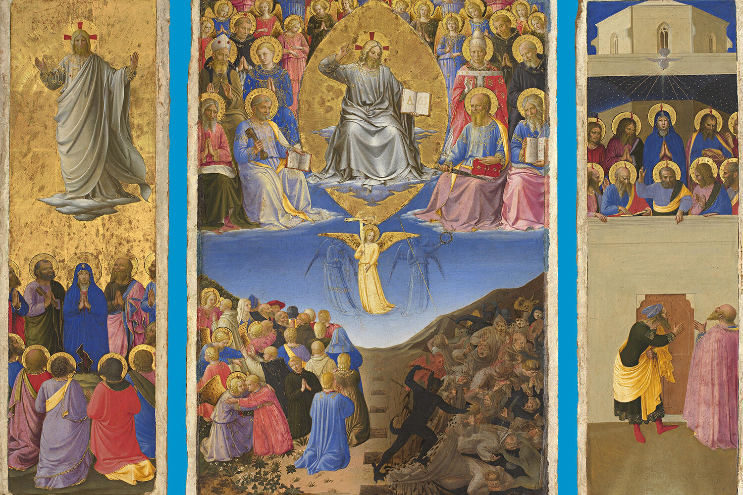 Fra Angelico (Italian, about 1400 - 1455), Corsini Triptych (The Ascension, The Last Judgment, Pentecost), about 1447-1448. Tempera and gold on panel, 55 x 75 cm (21 5/8 x 29 1/2 in.) Galleria Nationale d'Arte Antica di Palazzo Corsini, Rome. Photo: Scala/Ministero per i Beni e le Attività culturali / Art Resource, NY