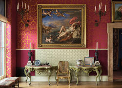 View of the Titian Room, including a large swatch of light-colored fabric with tassels made by Charles Frederick Worth